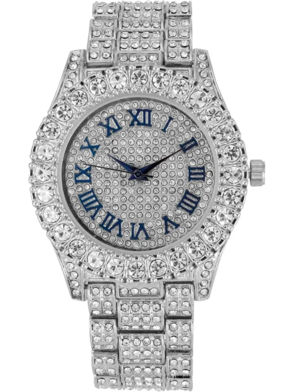 Women's Silver Blue Big Rocks Bezel Colored Dial with Roman Numerals Wrist Watch
